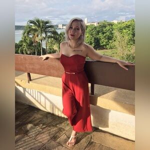 Orange-red strapless jumpsuit